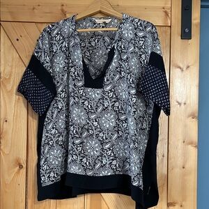 Rebecca Taylor Navy, Black & White Floral Paisley V-Neck Silk Tunic
